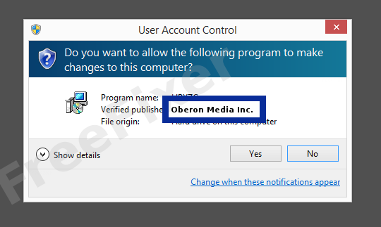 Screenshot where Oberon Media Inc. appears as the verified publisher in the UAC dialog